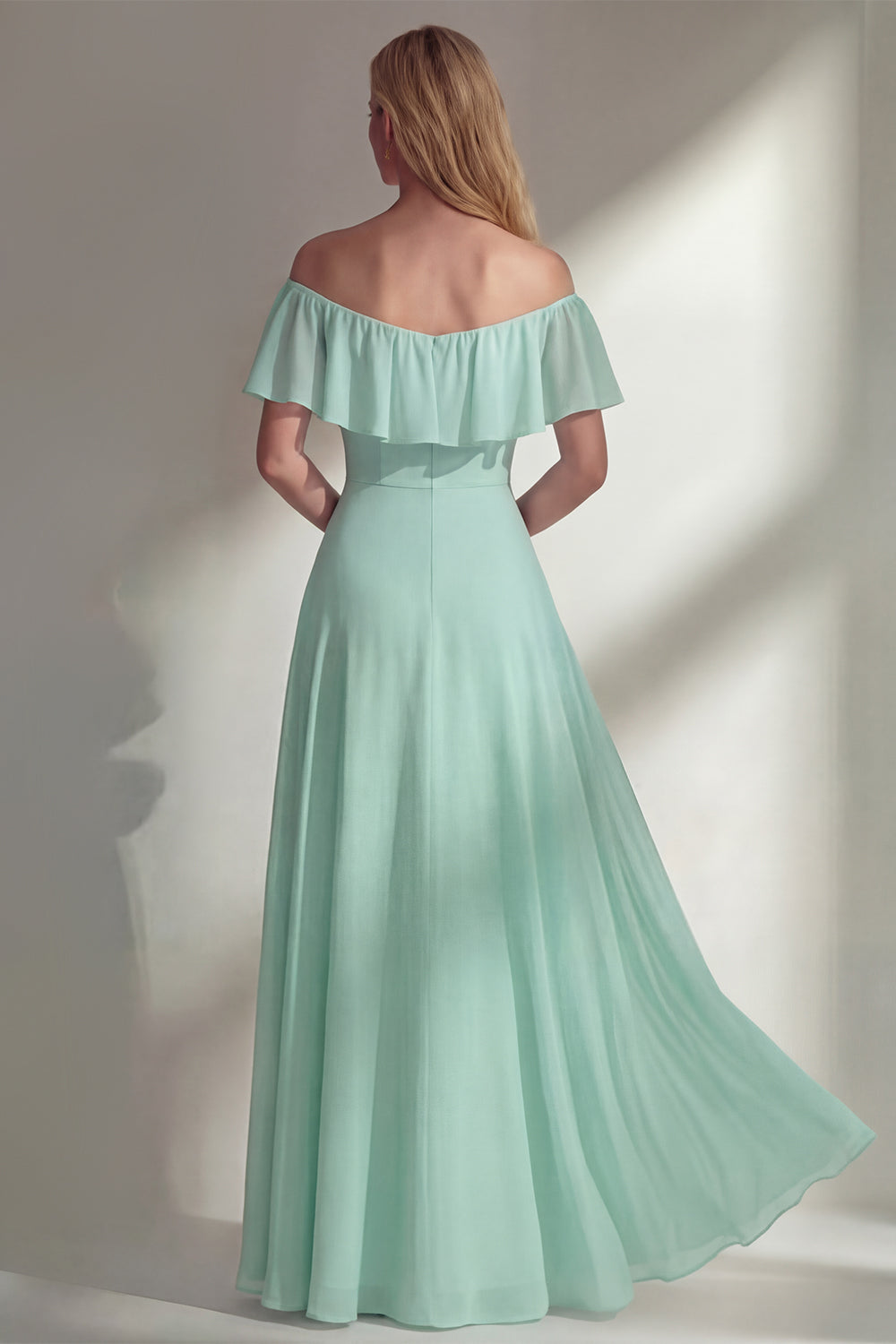 A Line Burgundy Ruffed Off the Shoulder Long Bridesmaid Dress with Slit