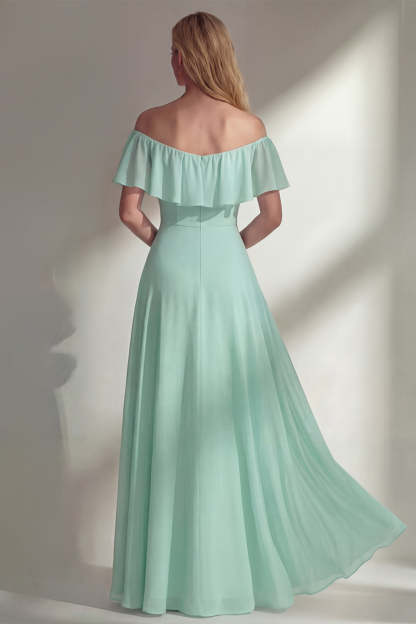 A Line Burgundy Ruffed Off the Shoulder Long Bridesmaid Dress with Slit