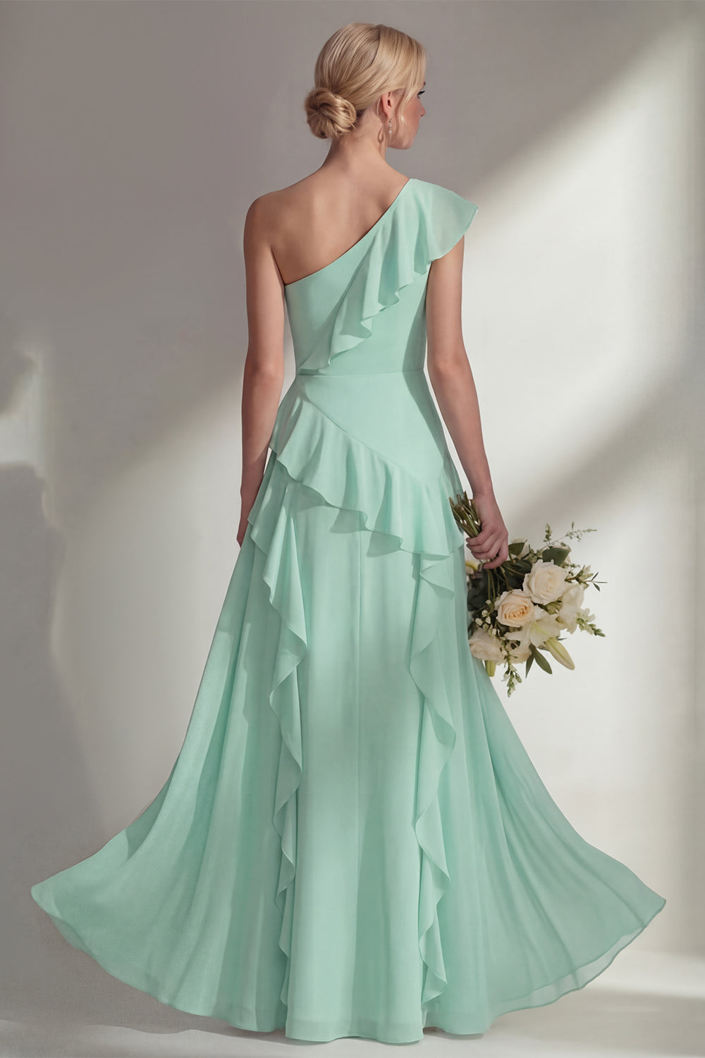 Emerald A Line Ruffled One Shoulder Long Bridesmaid Dress with Slit
