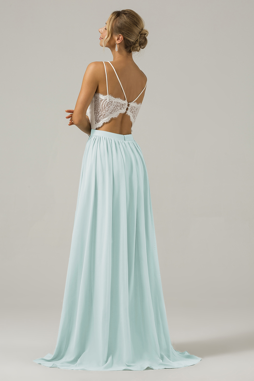 Eucalyptus A-Line Spaghetti Straps Pleated Long Bridesmaid Dress With Lace