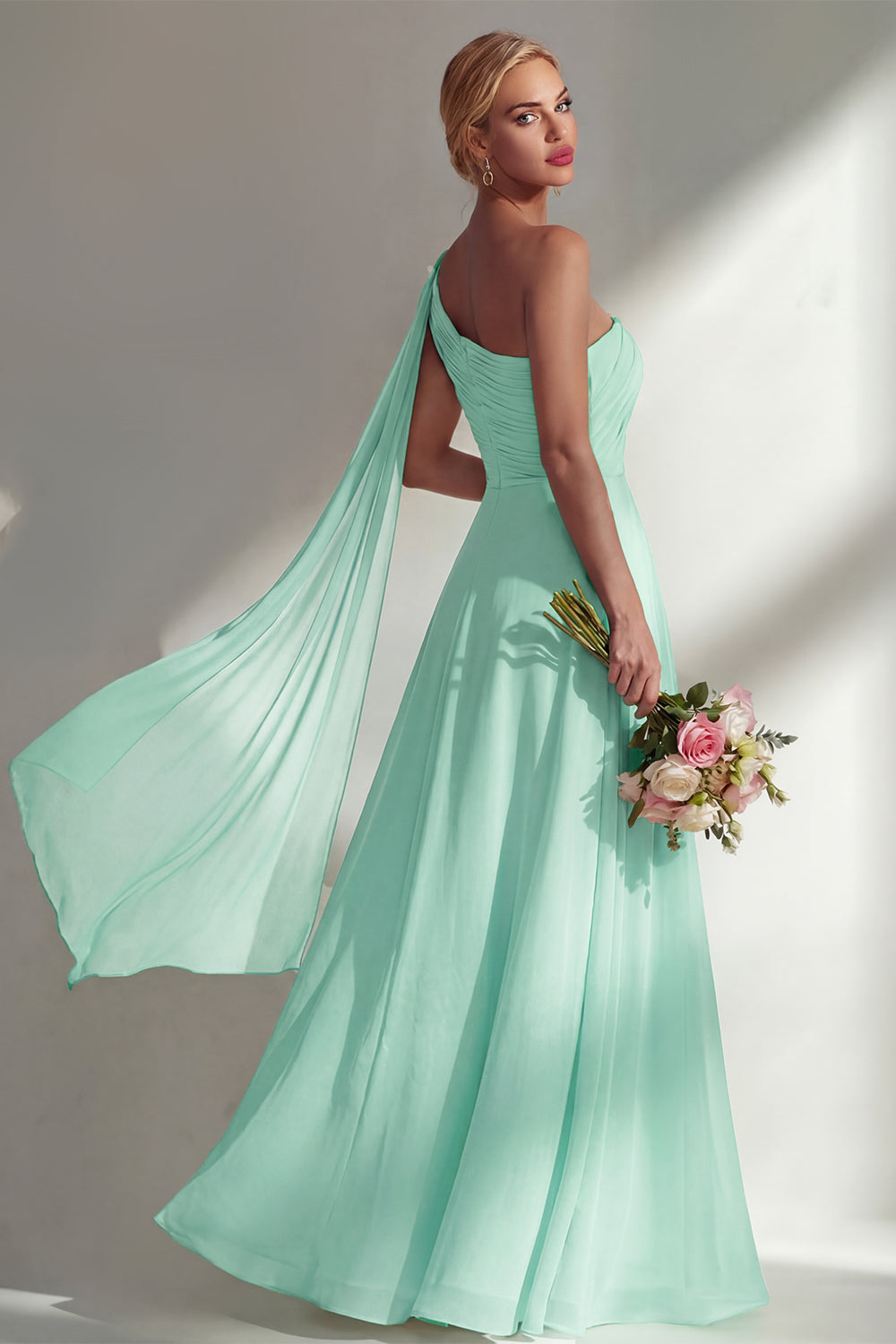 Burgundy One Shoulder Backless Ruched Long Bridesmaid Dress with Slit