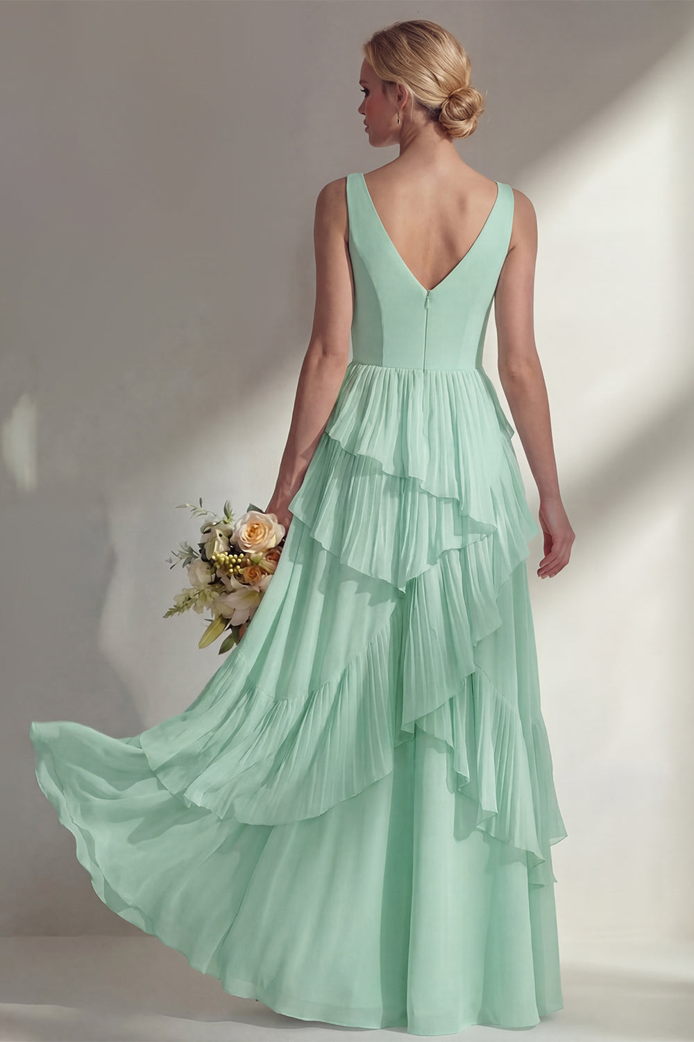 Sea Glass V Neck Ruffled Sleeveless Long Bridesmaid Dress