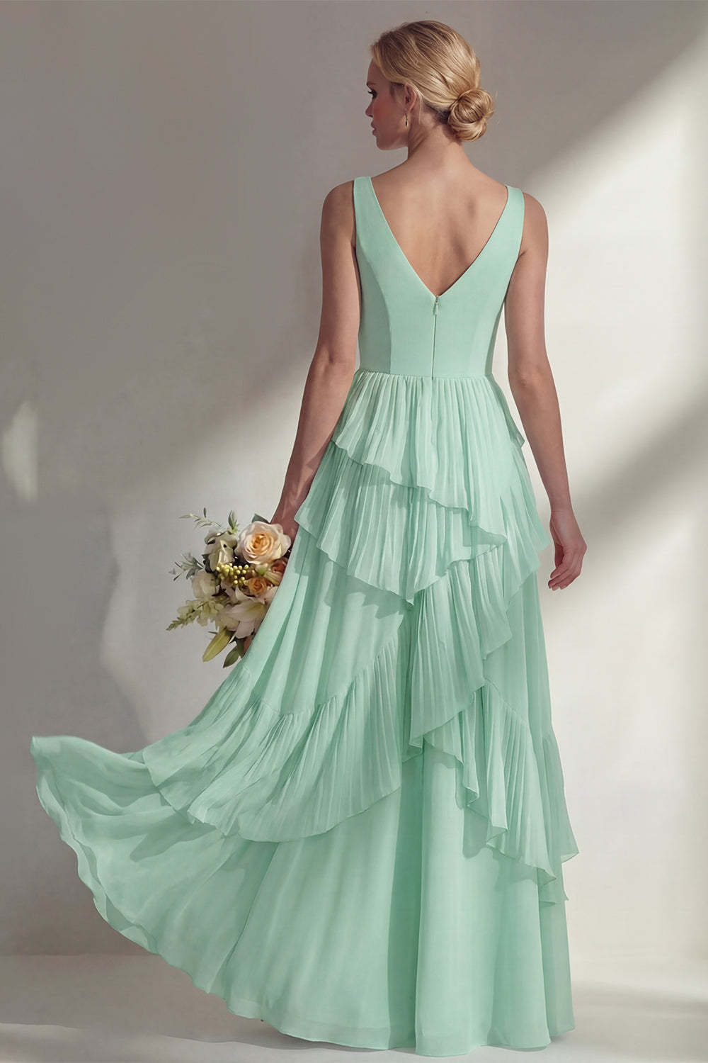 Sea Glass V Neck Ruffled Sleeveless Long Bridesmaid Dress