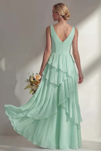 Sea Glass V Neck Ruffled Sleeveless Long Bridesmaid Dress