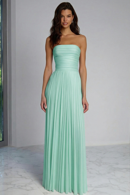 Champagne Pleated Sheath Strapless Long Bridesmaid Dress