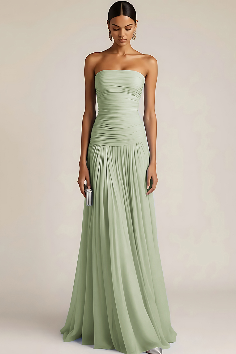 Light Blue Strapless Ruched Maxi Bridesmaid Dress