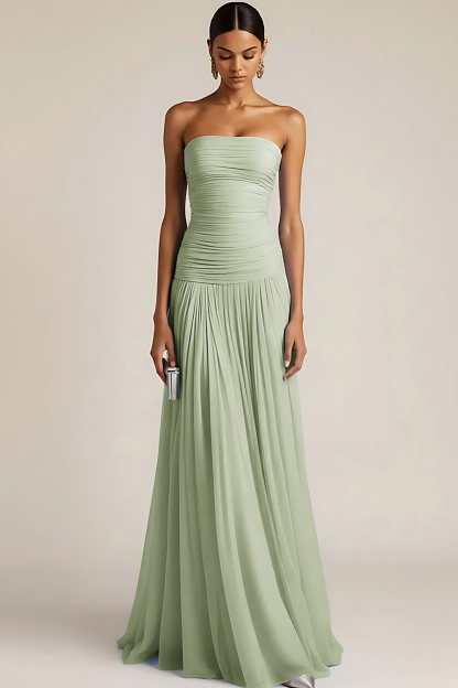 Light Blue Strapless Ruched Maxi Bridesmaid Dress