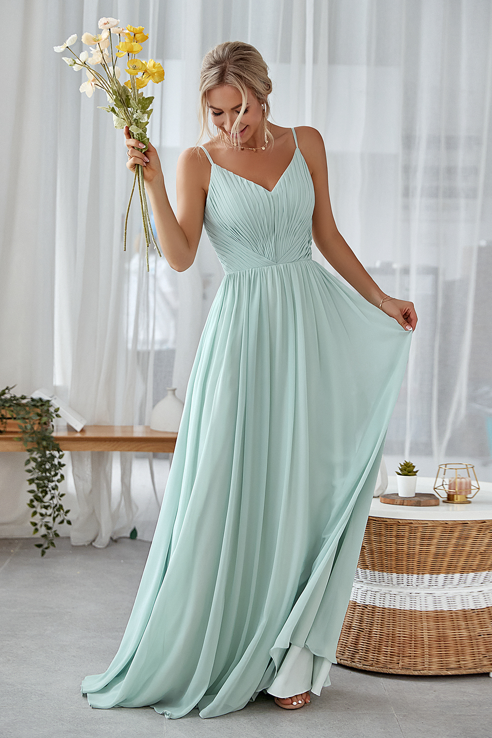 Chiffon A-line V-neck Pleated Maxi Bridesmaid Dress