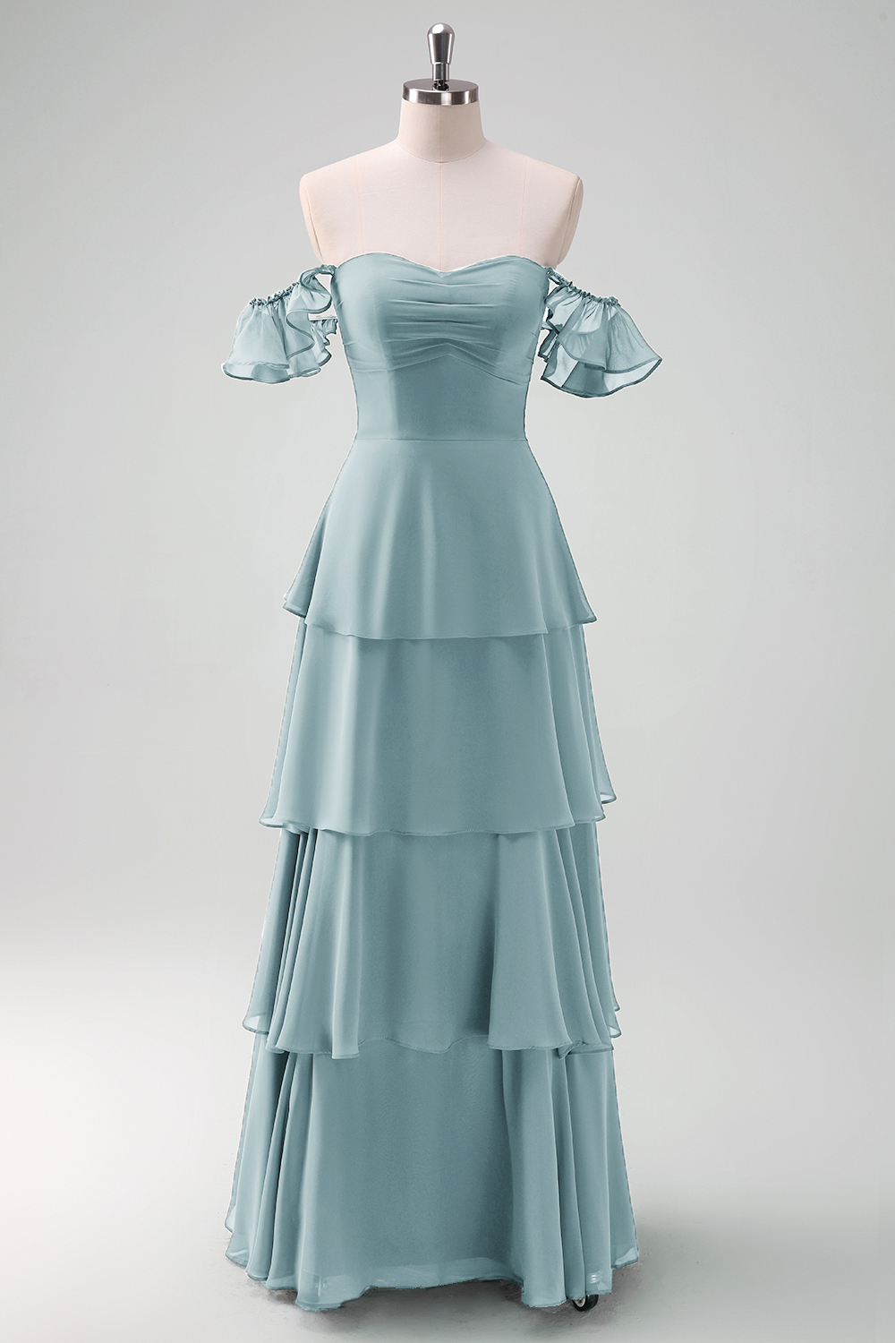Eucalyptus Off the Shoulder Tiered Chiffon Bridesmaid Dress