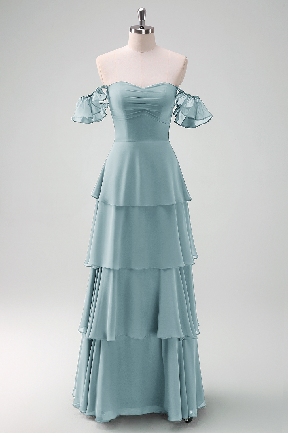 Eucalyptus Off the Shoulder Tiered Chiffon Bridesmaid Dress