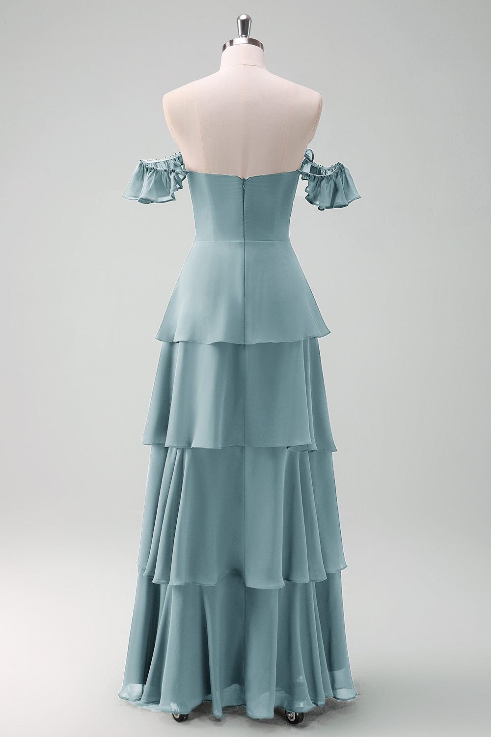 Eucalyptus Off the Shoulder Tiered Chiffon Bridesmaid Dress