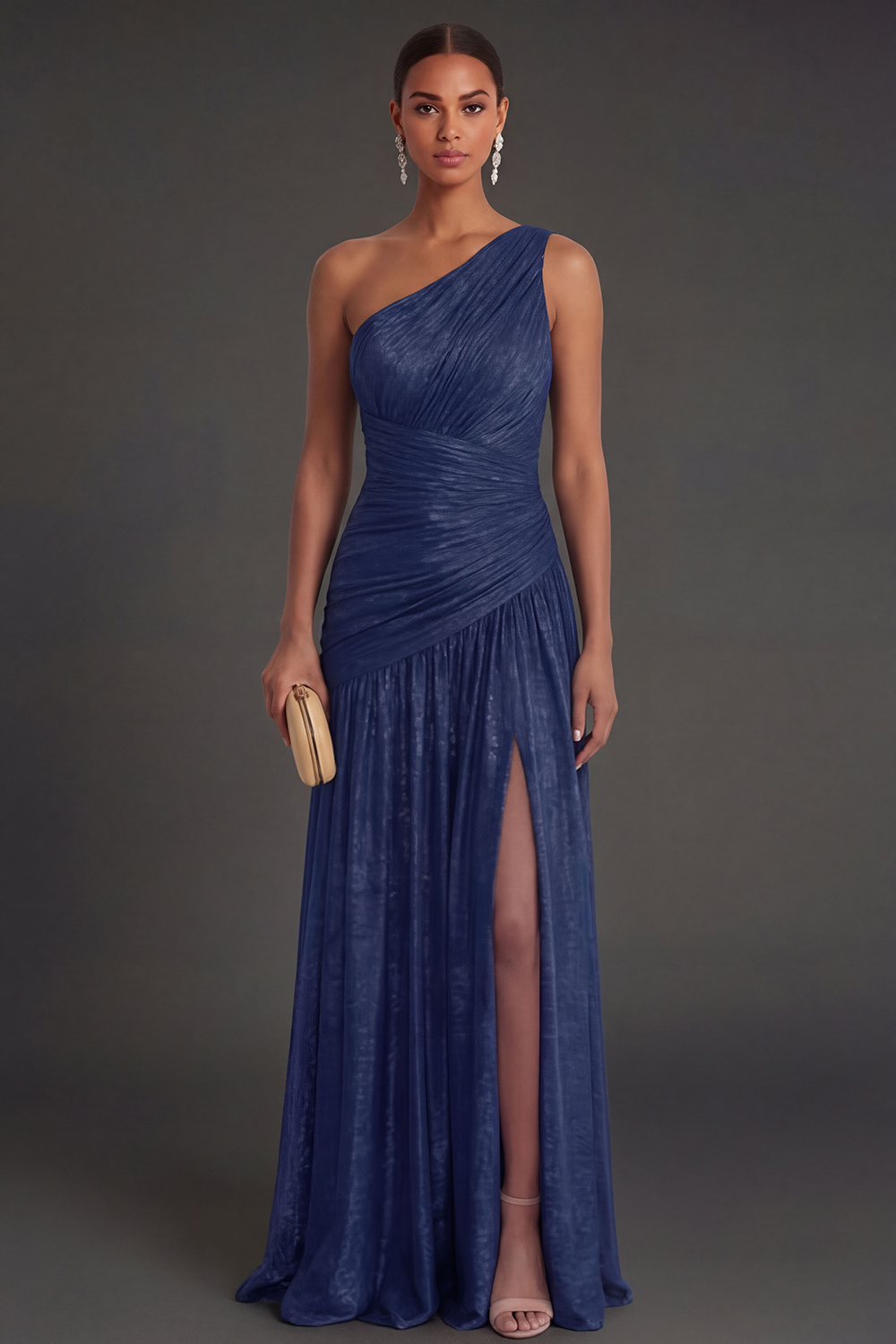 One Shoulder Gold Sheath Ruched Long Formal Dress with Slit