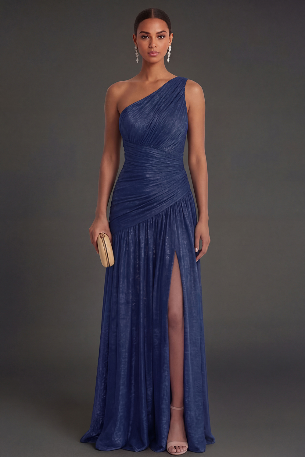 One Shoulder Gold Sheath Ruched Long Formal Dress with Slit