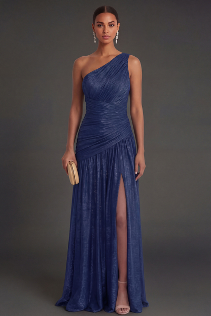 One Shoulder Gold Sheath Ruched Long Formal Dress with Slit