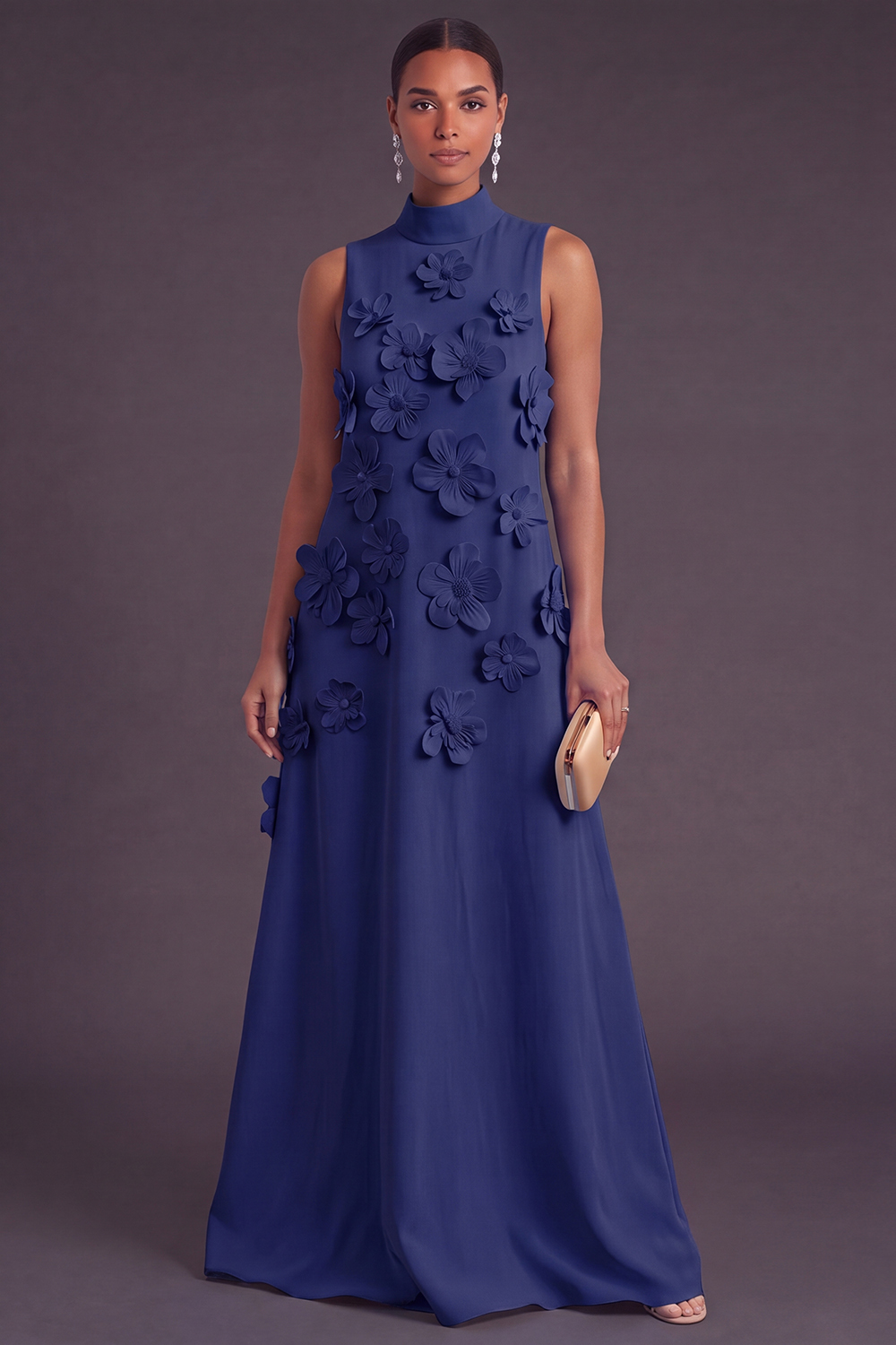 Blue Floral High Neck A Line Long Formal Dress