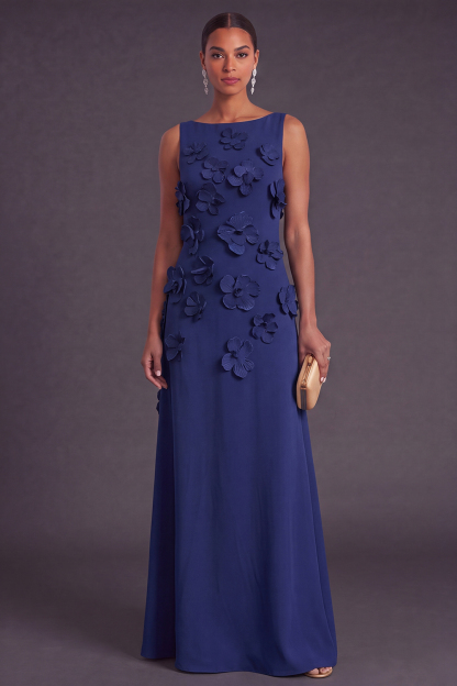 Hot Pink Floral Boat Neck A Line Long Formal Dress