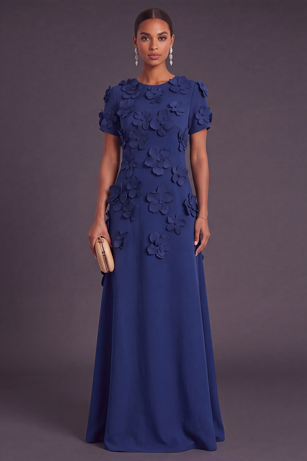 Blue Floral A Line Round Neck Long Formal Dress with Sleeves