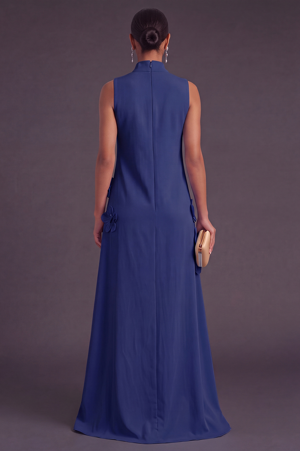 Blue Floral High Neck A Line Long Formal Dress