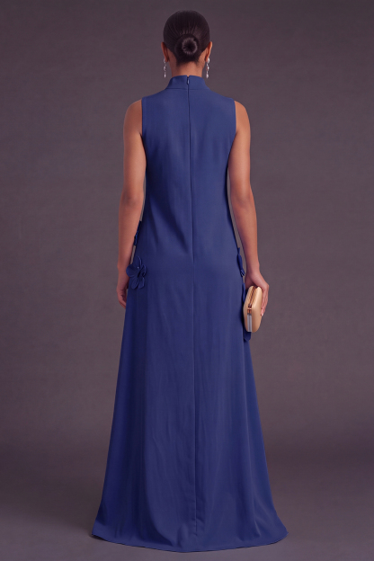 Blue Floral High Neck A Line Long Formal Dress