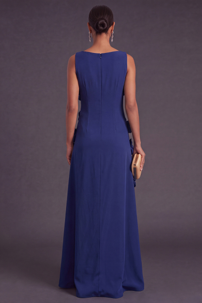 Hot Pink Floral Boat Neck A Line Long Formal Dress