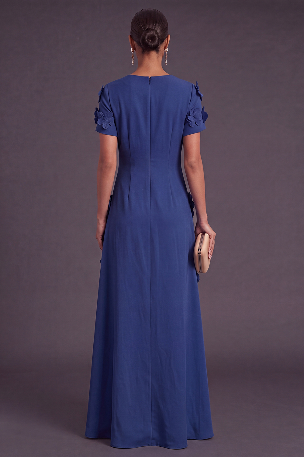 Blue Floral A Line Round Neck Long Formal Dress with Sleeves