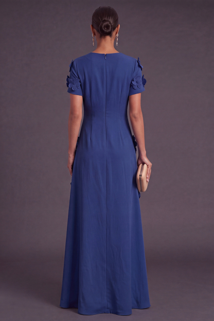 Blue Floral A Line Round Neck Long Formal Dress with Sleeves