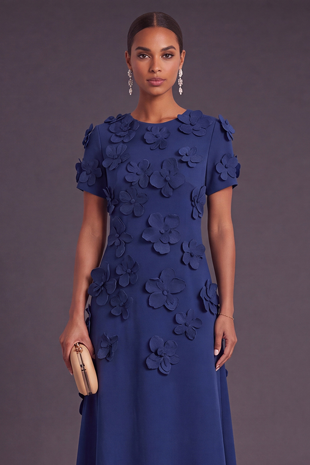 Blue Floral A Line Round Neck Long Formal Dress with Sleeves
