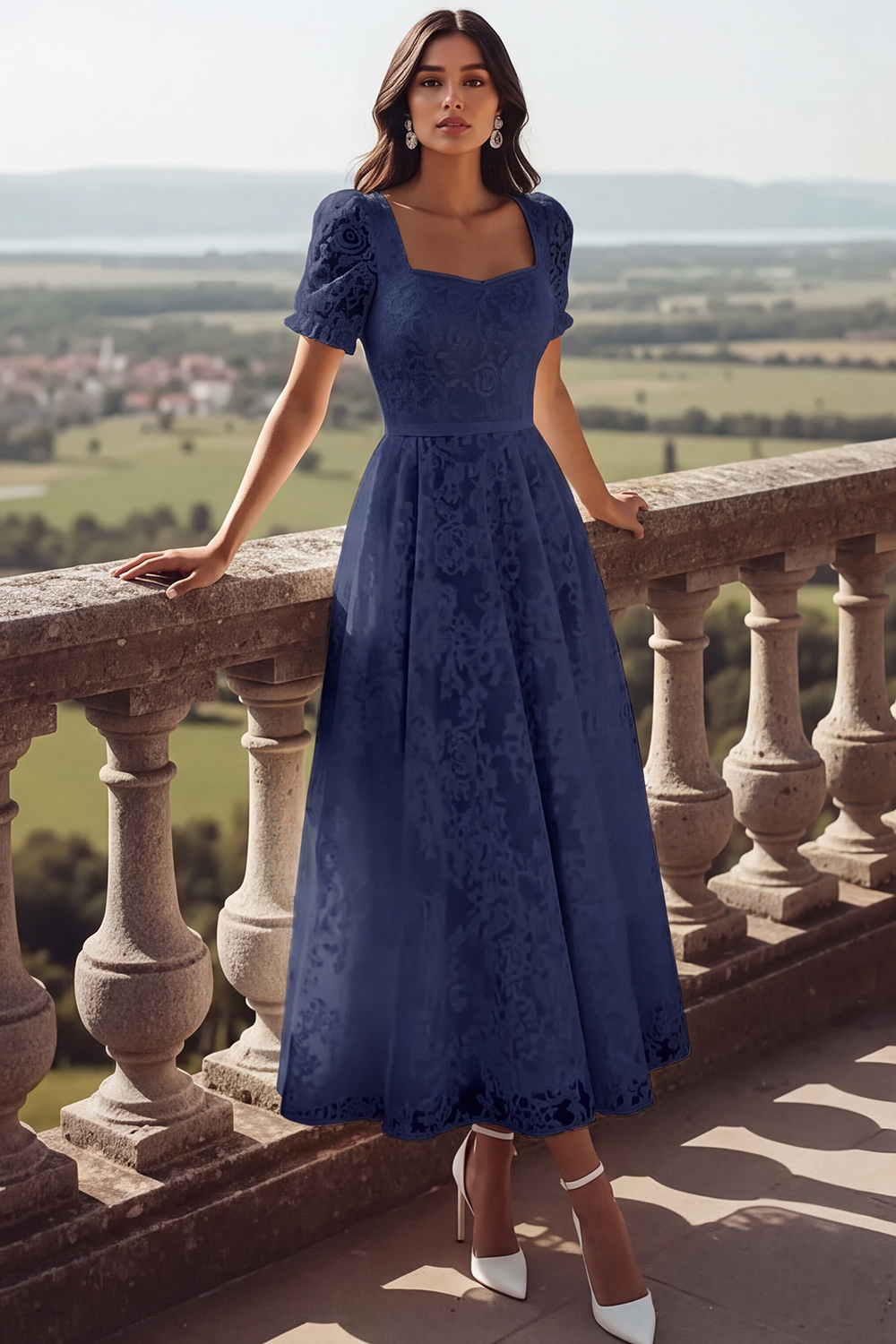 White Lace Square Neck Long Wedding Reception Dress with Sleeves