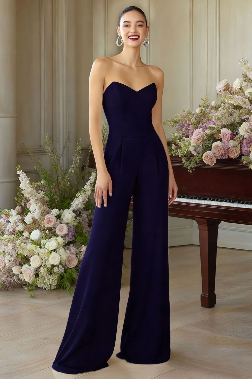 Leely Women White Sweetheart Formal Jumpsuits Wide Leg Sleeveless Bridal Jumpants