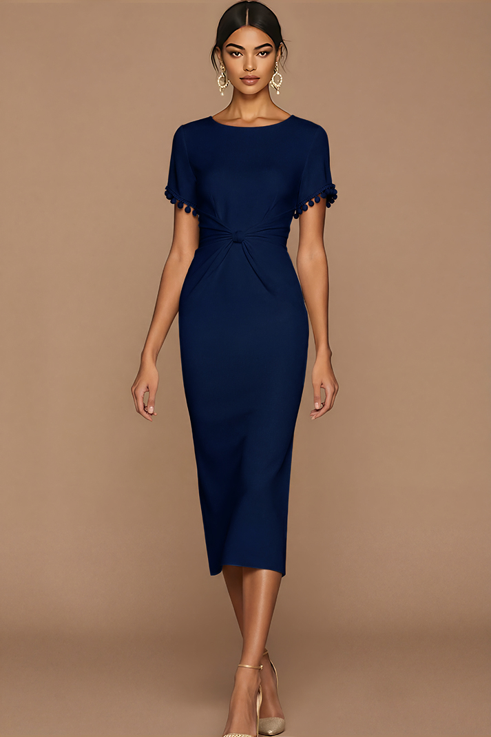 White Bodycon Jewel Neck Midi Wedding Reception Dress with Sleeves