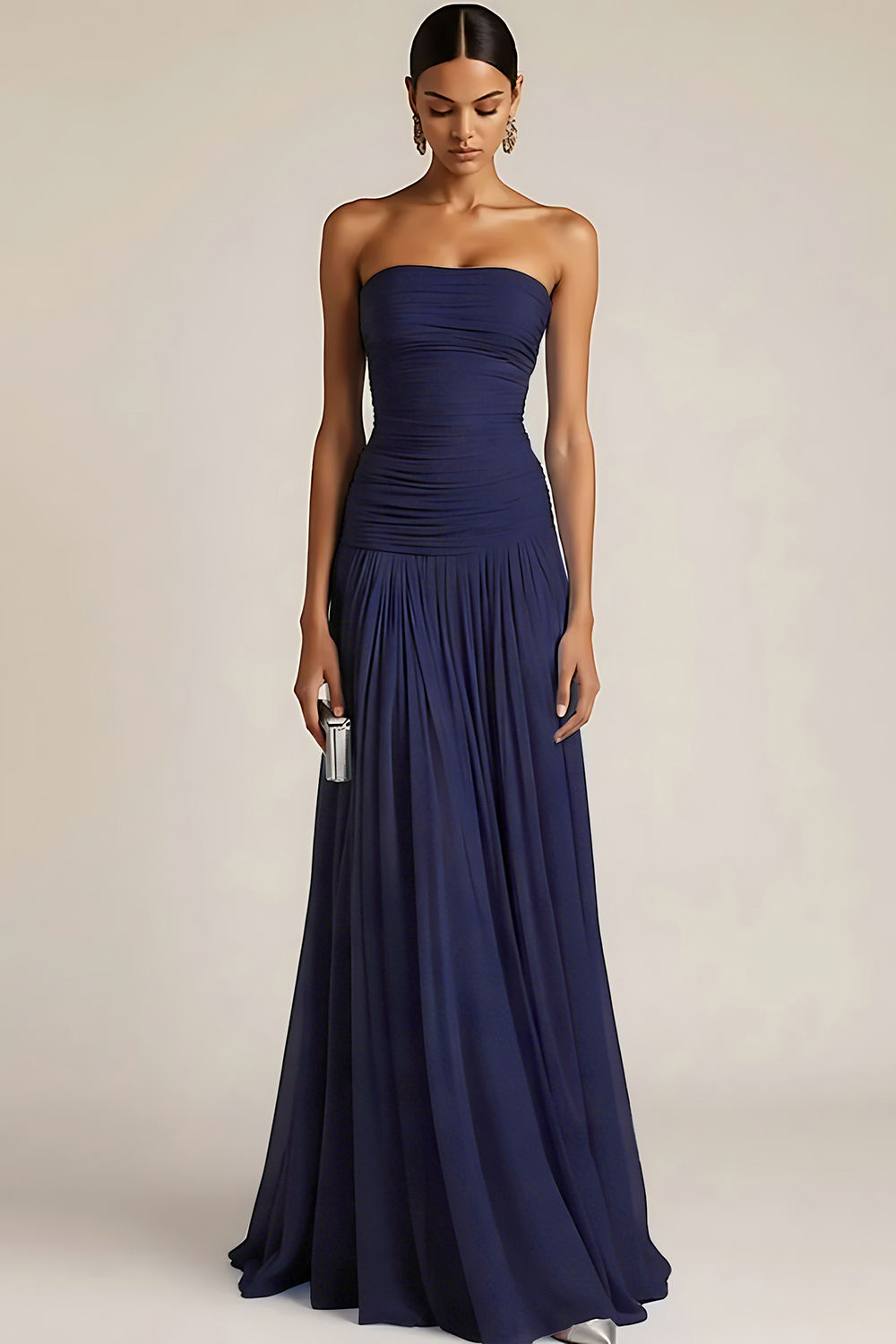 Light Blue Strapless Ruched Maxi Bridesmaid Dress