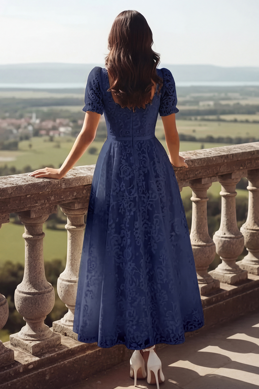 White Lace Square Neck Long Wedding Reception Dress with Sleeves