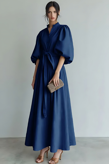 Ivory Puff Sleeves A Line Maxi Formal Dress with Sash