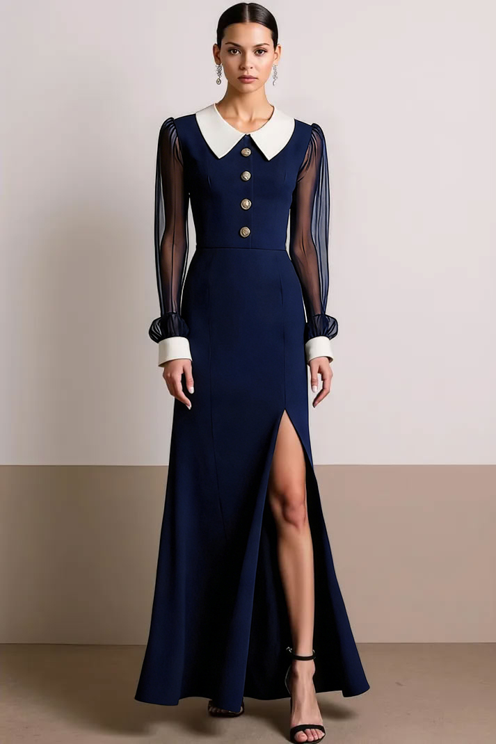 Black White Collar Neck Long Formal Dress with Slit