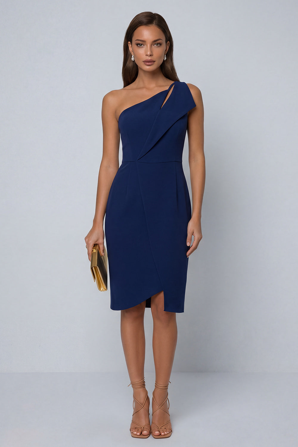 Black Sheath One Shoulder Sleeveless Midi Work Dress with Slit