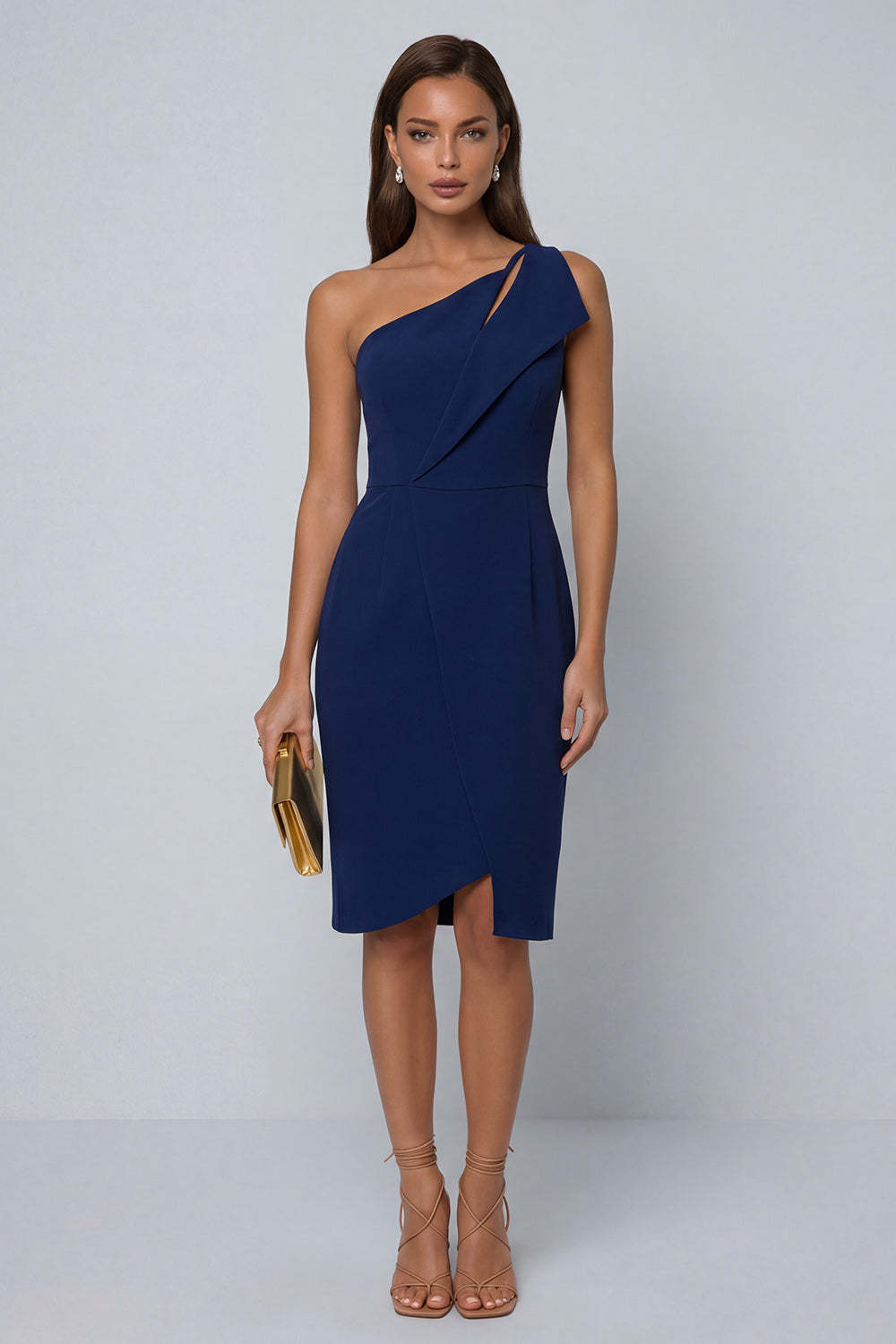 Black Sheath One Shoulder Sleeveless Midi Work Dress with Slit