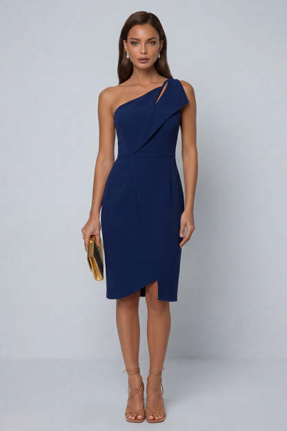 Black Sheath One Shoulder Sleeveless Midi Work Dress with Slit