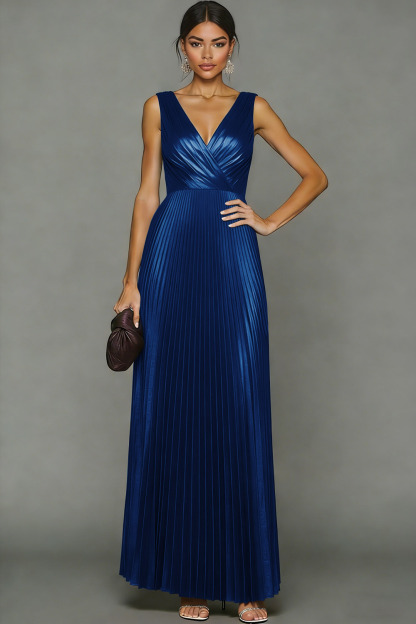 Fuchsia Pleated A Line Metallic V-Neck Maxi Evening Dress