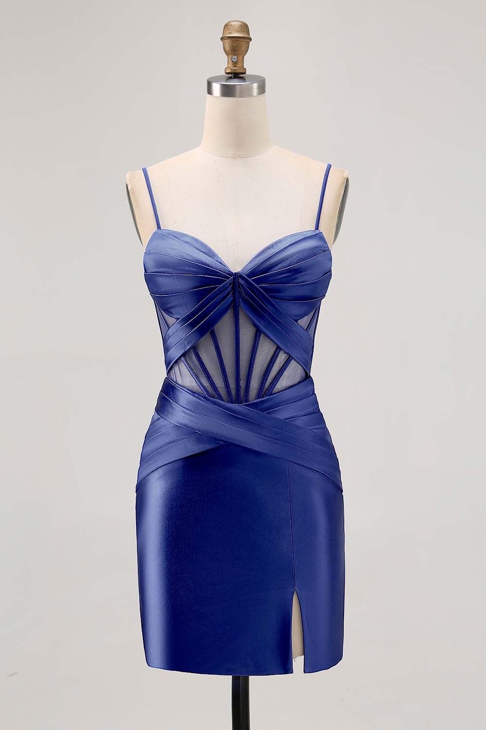 Satin Tight Royal Blue Ruched Corset Short Homecoming Dress with Slit