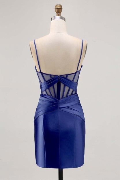 Satin Tight Royal Blue Ruched Corset Short Homecoming Dress with Slit