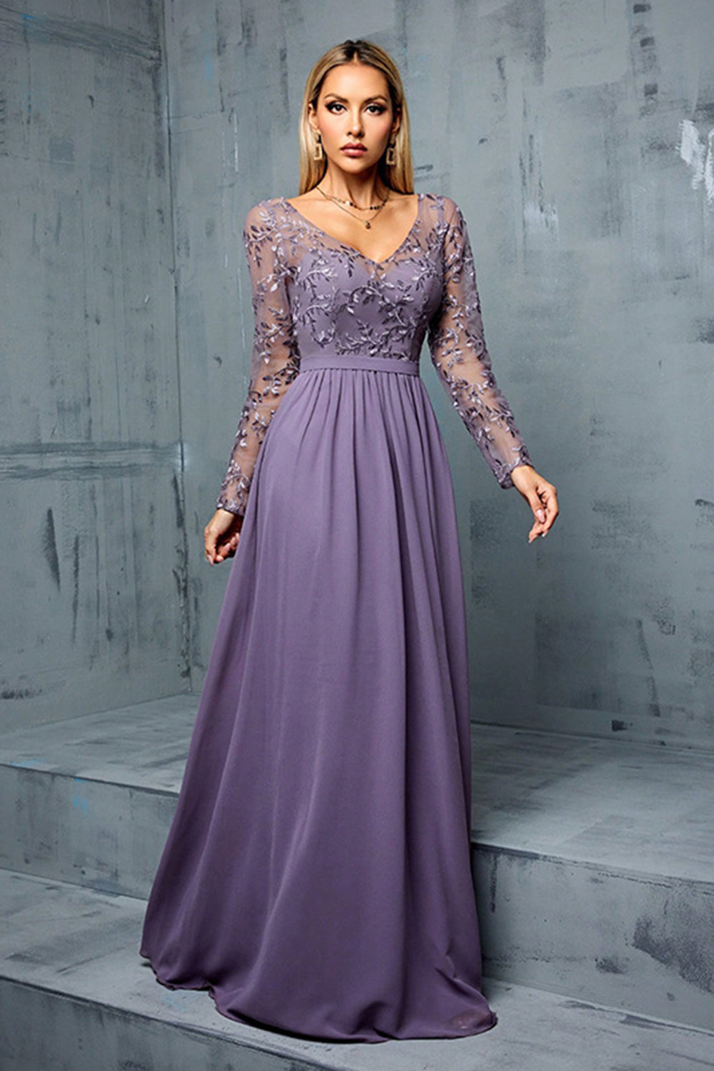 Grey Purple V Neck Illusion Neckline Chiffon A Line Bridesmaid Dress