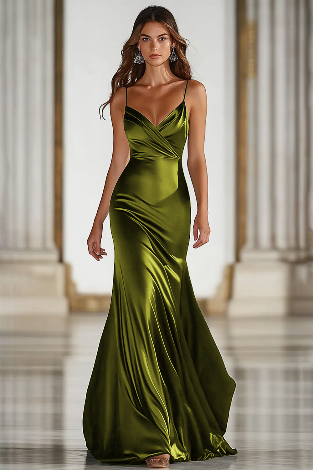 Dark Green Stretch Satin Spaghetti Straps Mermaid Formal Dress