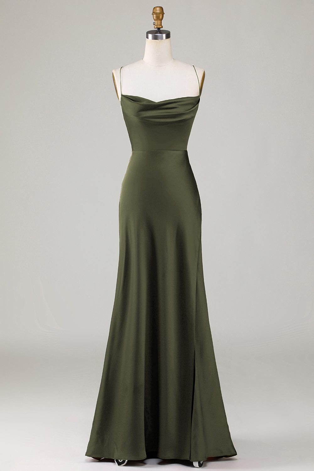 Satin Spaghetti Strap Open Back A-line Bridesmaid Dress with Slit