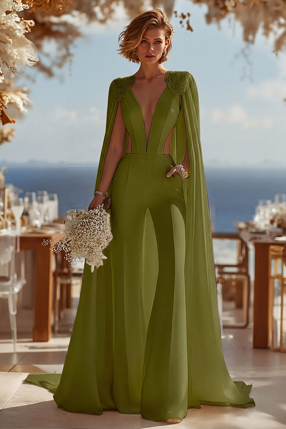 Ivory Cut Out Deep V-Neck Bridal Jumpsuits with Cape