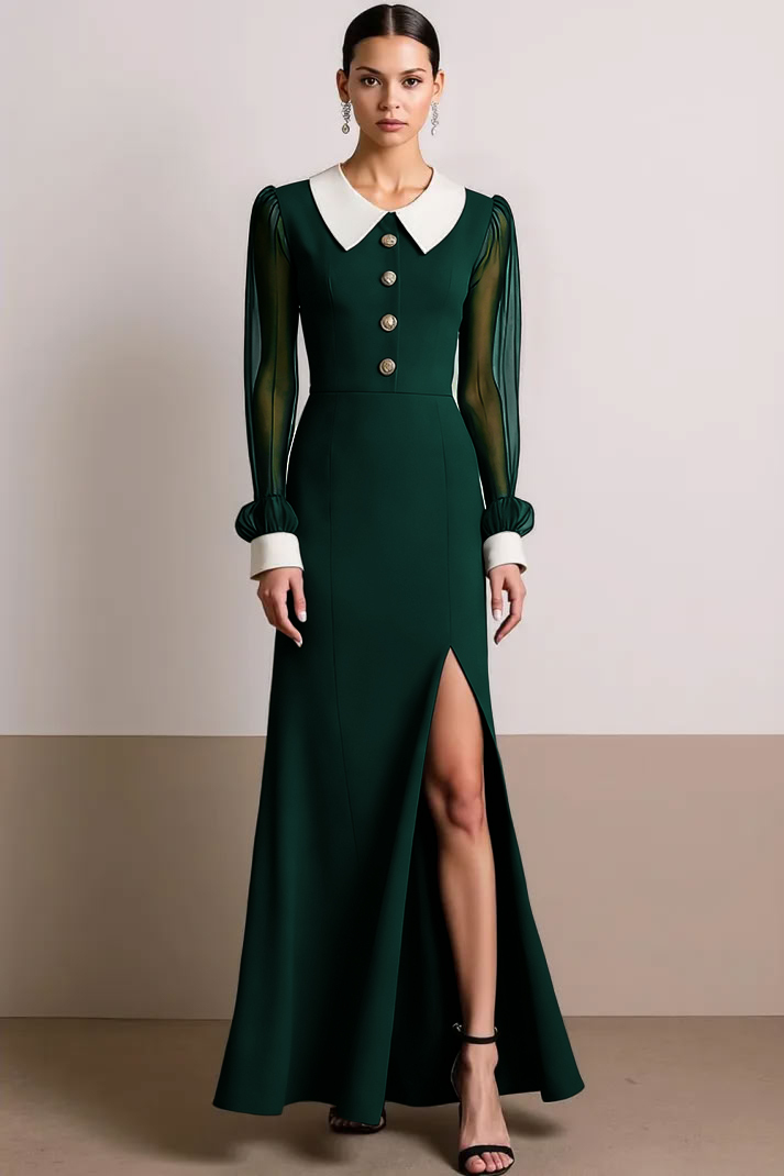 Black White Collar Neck Long Formal Dress with Slit