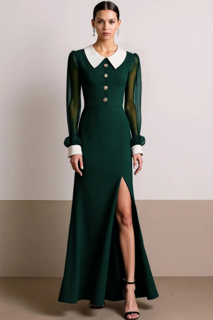 Black White Collar Neck Long Formal Dress with Slit