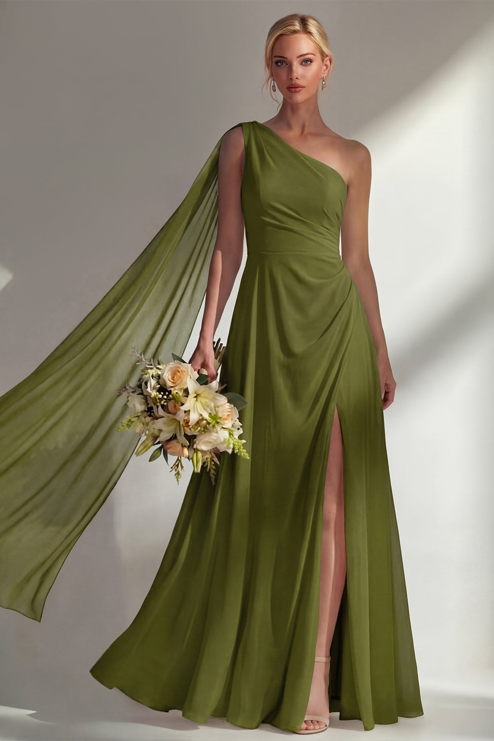 Burgundy One Shoulder Backless Ruched Long Bridesmaid Dress with Slit