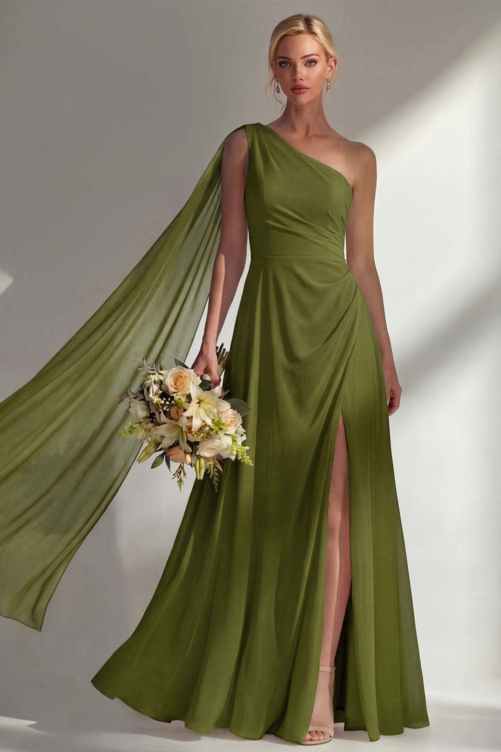 Burgundy One Shoulder Backless Ruched Long Bridesmaid Dress with Slit