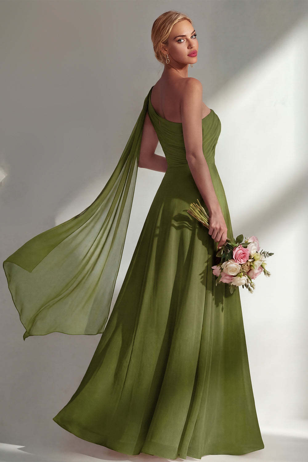 Burgundy One Shoulder Backless Ruched Long Bridesmaid Dress with Slit