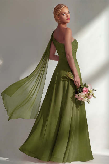 Burgundy One Shoulder Backless Ruched Long Bridesmaid Dress with Slit